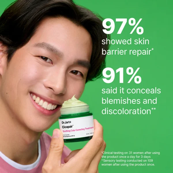 Smiling model holding Dr.Jart+ Cicapair Soothing Color Correcting Treatment with stats: 97% showed skin barrier repair, 91% said it conceals blemishes and discoloration