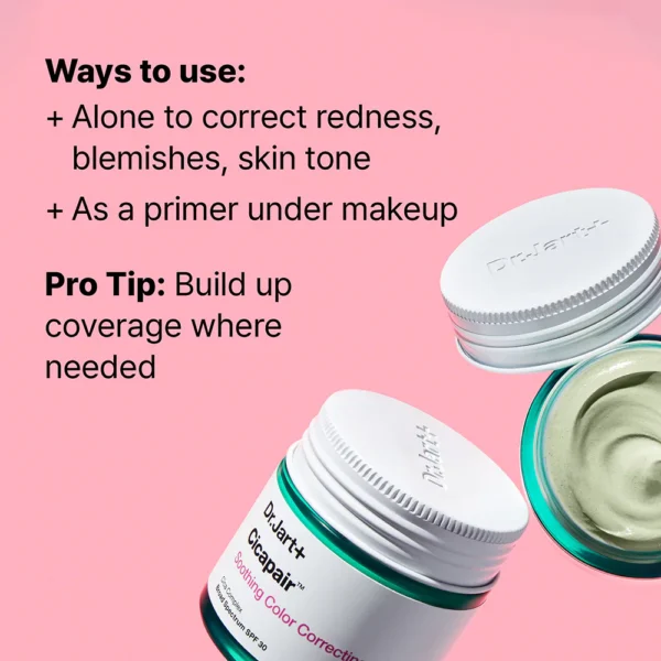 Dr.Jart+ Cicapair Soothing Color Correcting Treatment shown with usage tips: corrects redness and blemishes alone or under makeup, with pro tip to build up coverage