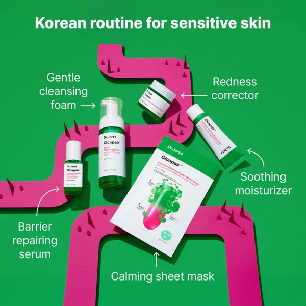 Dr.Jart+ Cicapair Korean skincare routine for sensitive skin featuring cleansing foam, barrier repairing serum, redness corrector, soothing moisturizer, and calming sheet mask