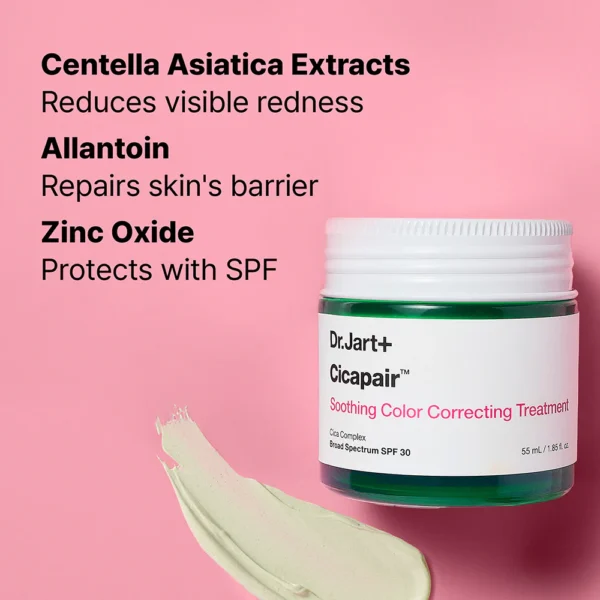 Dr.Jart+ Cicapair Soothing Color Correcting Treatment with Centella Asiatica, Allantoin, and Zinc Oxide for redness reduction, skin barrier repair, and SPF protection