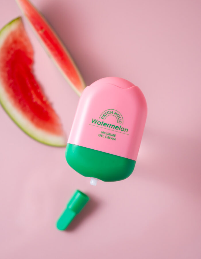 Patch Holic Watermelon Moisture Gel Cream With opened cap and watermelon slices in the background