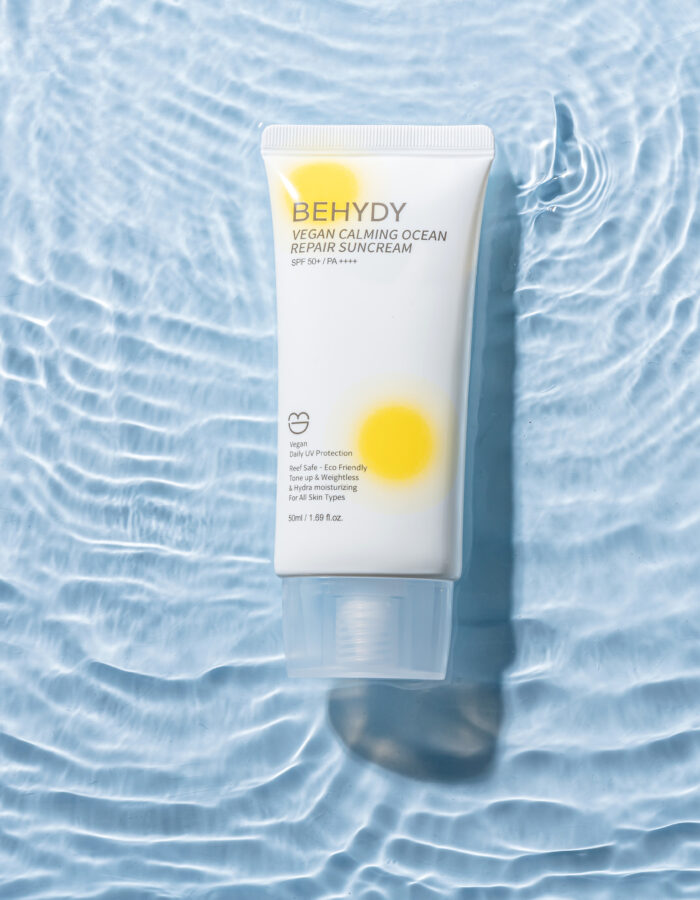 Behydy Vegan Calming Ocean Repair Sun Cream, 50mL, in a compact, travel-friendly tube with soothing ocean-inspired design. Offers SPF protection while calming and repairing the skin, perfect for daily use in a vegan skincare routine.