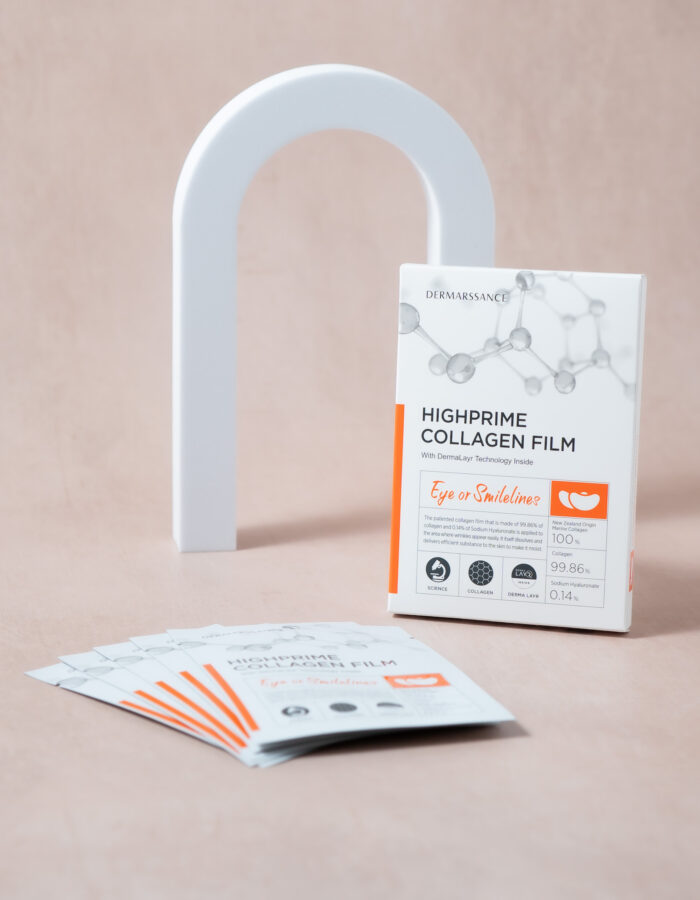 Dermarssance Collagen Film Eye and Smile Line box and packets layout in a shape of a fan
