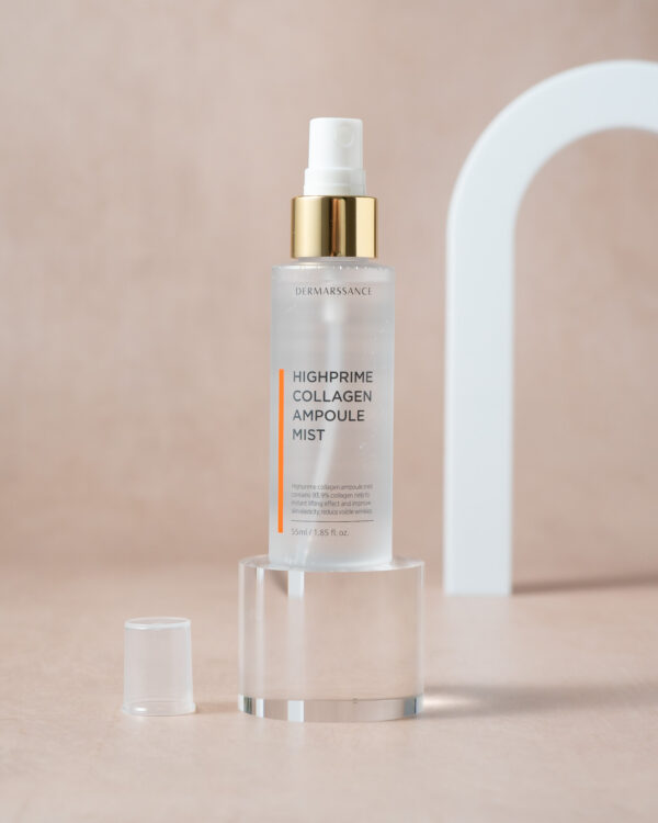 Dermarssance Highprime Collagen Ampoule Mist Bottle on a clear round block stand