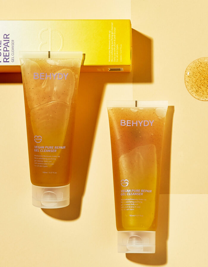 Behydy Vegan Pure Repair Cleansing Gel, 200mL, in a modern, eco-friendly tube with minimalist branding. The gentle formula is designed for effective cleansing while promoting hydration and skin repair, perfect for a vegan skincare routine.