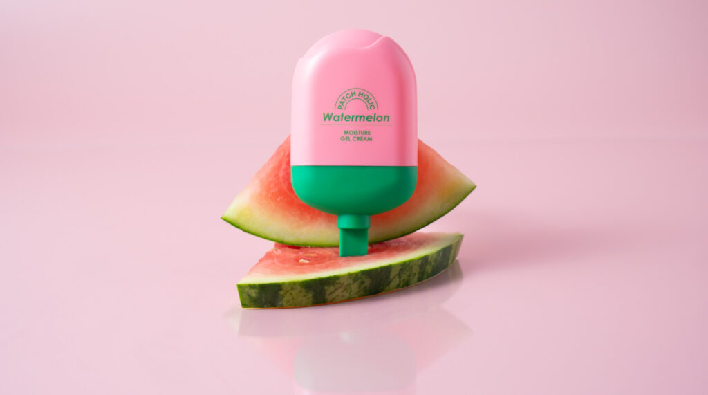 Patch Holic Watermelon Moisture Gel Cream balancing on watermelons since its slices