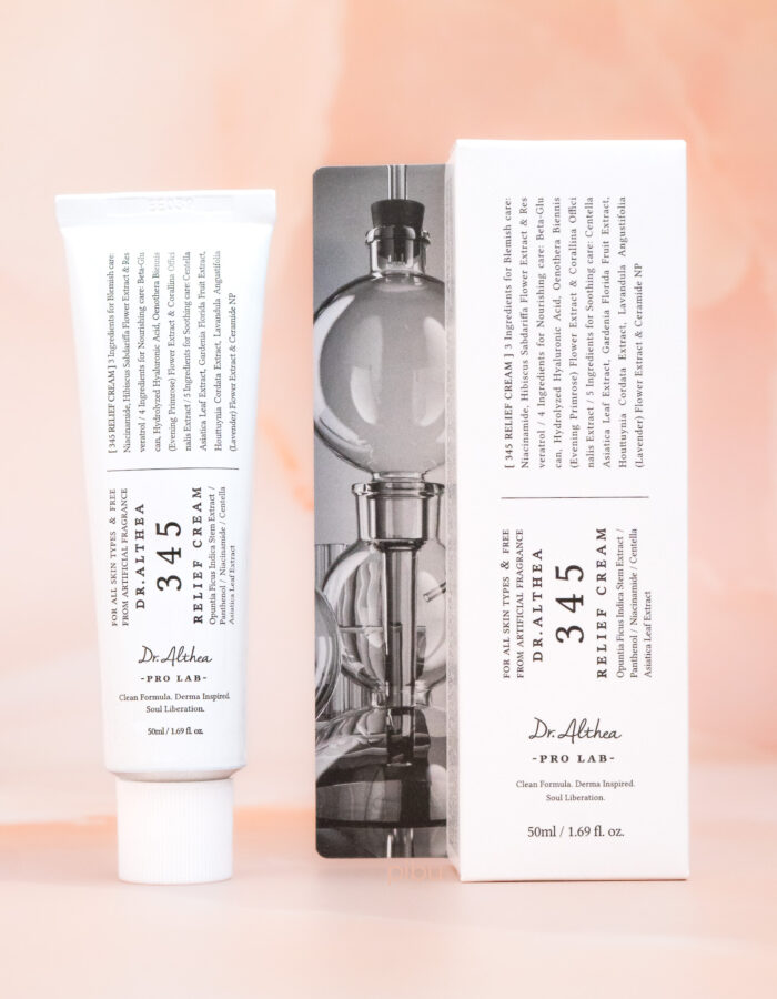 A tube of Dr. Althea 345 Relief Cream next to its box, featuring a clean design and ingredient details.
