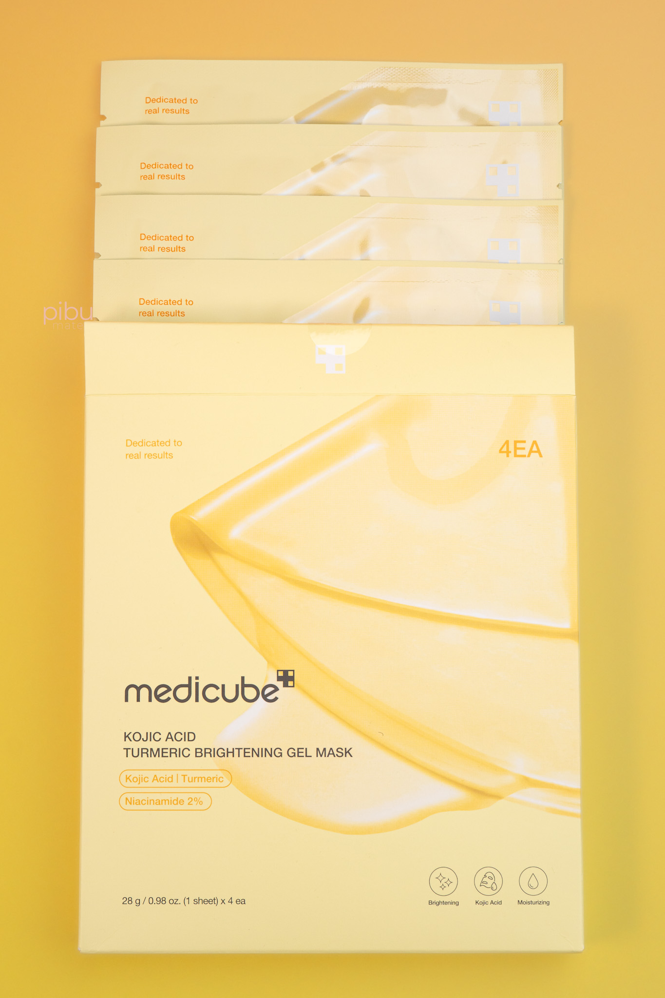 Four-pack of Medicube Kojic Acid Turmeric Brightening Gel Masks, featuring bright yellow packaging with product details.