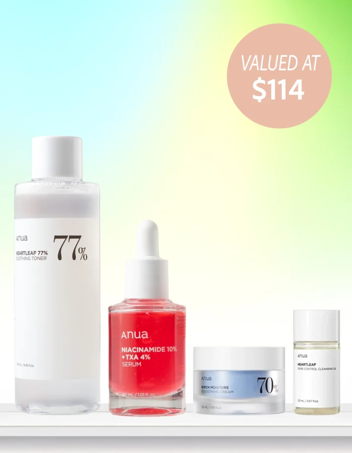 Four skincare products from Anua displayed on a gradient background, labeled with a value of $114.