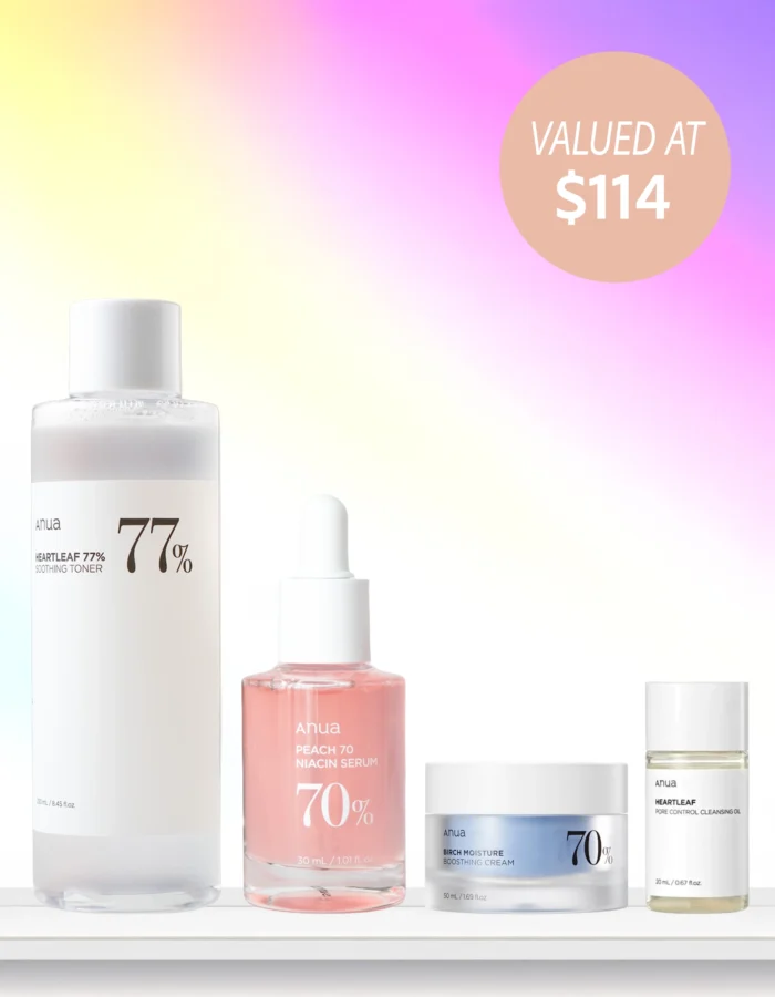Anua Balance Skincare Set featuring four products on a gradient background, valued at $114.