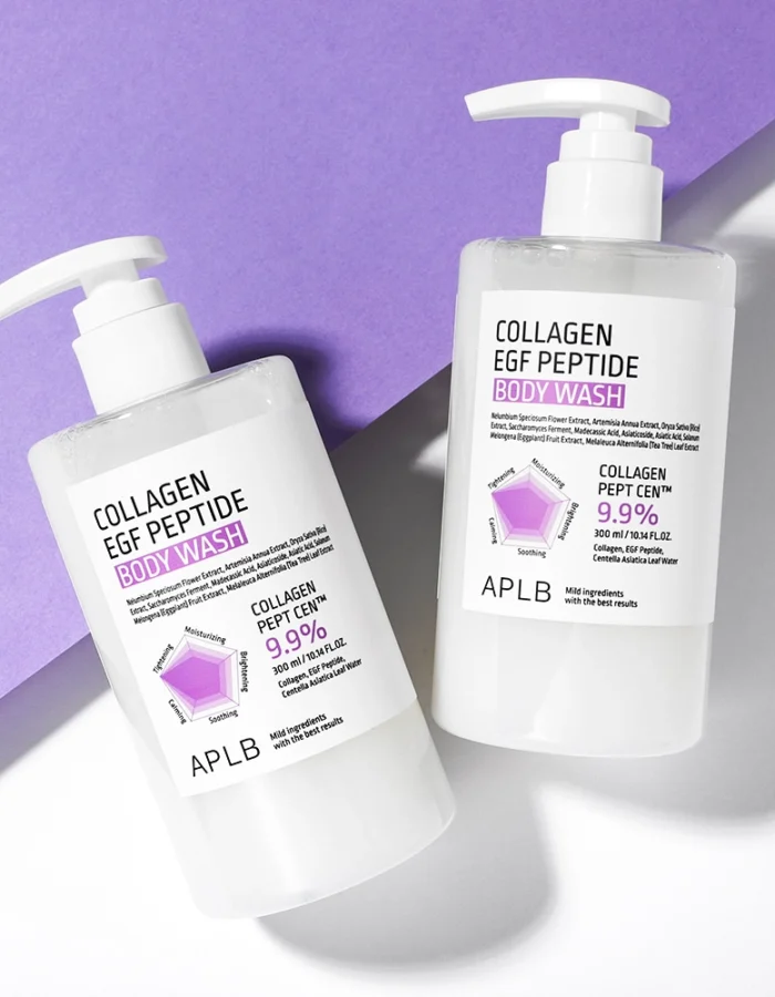 Two bottles of APLB Collagen EGF Peptide Body Wash on a purple background, featuring pump dispensers and ingredient details.