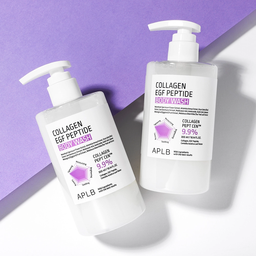 Two bottles of APLB Collagen EGF Peptide Body Wash on a purple background, featuring pump dispensers and ingredient details.
