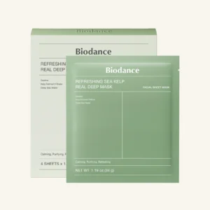 Biodance Refreshing Sea Kelp Real Deep Mask packaging, featuring a green sheet mask and box with product details.