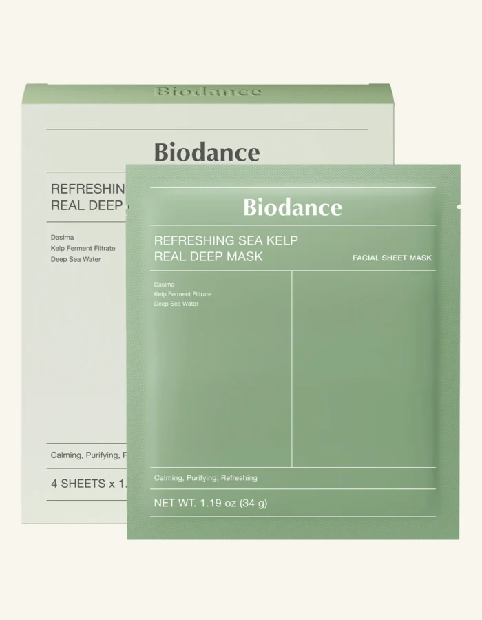 Biodance Refreshing Sea Kelp Real Deep Mask packaging, featuring a green sheet mask and box with product details.