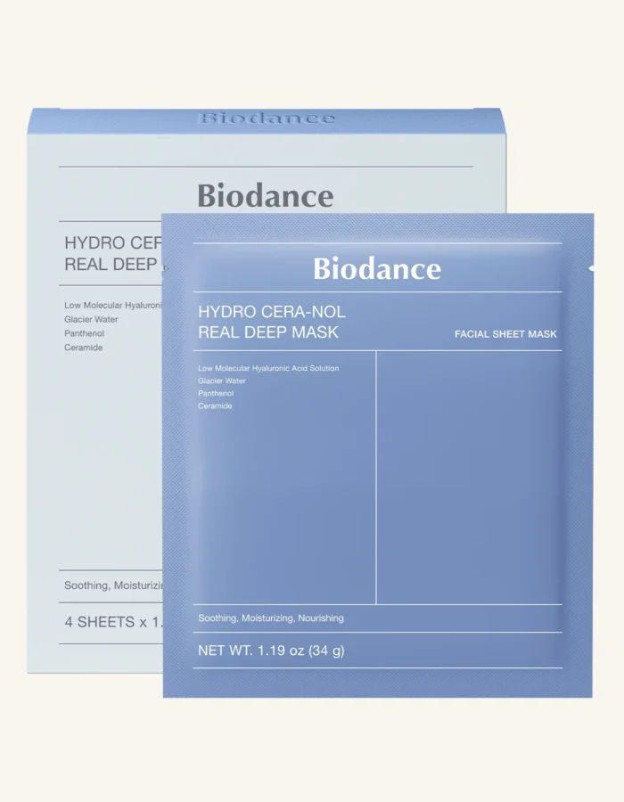 Biodance Hydro Cera-Nol Real Deep Mask packaging with details on ingredients and benefits, featuring a blue design.