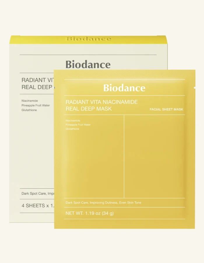 Biodance Radiant Vita Niacinamide Real Deep Mask packaging, featuring a yellow sheet mask for dark spot care and skin brighte