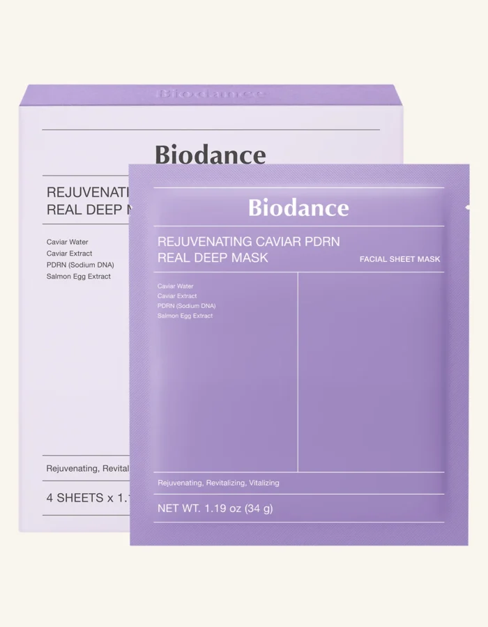 Packaging of Biodance Rejuvenating Caviar PDRN Real Deep Mask, featuring a purple sheet mask and product details.