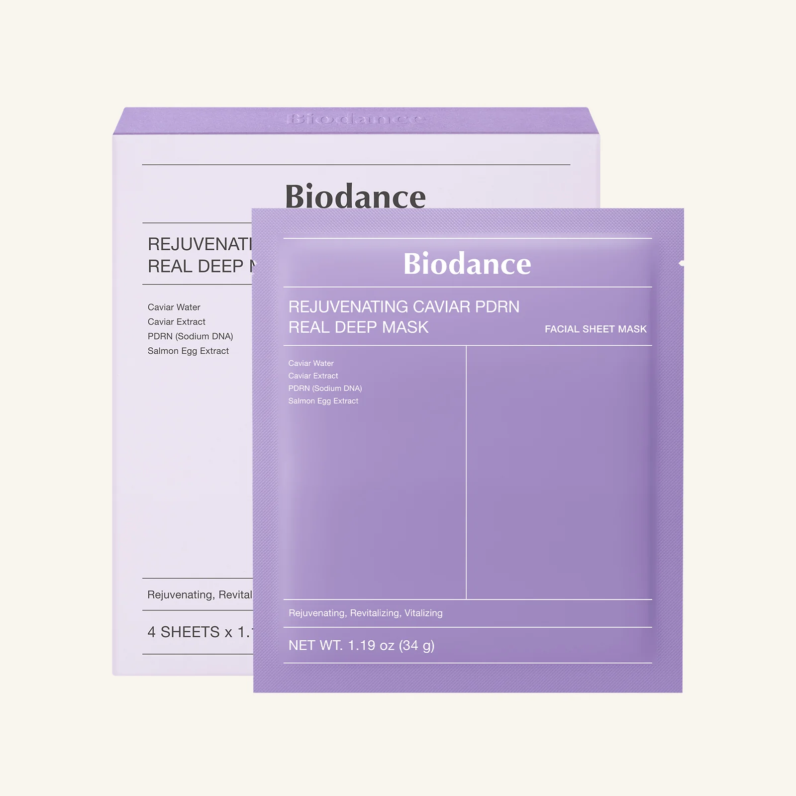 Packaging of Biodance Rejuvenating Caviar PDRN Real Deep Mask, featuring a purple sheet mask and product details.