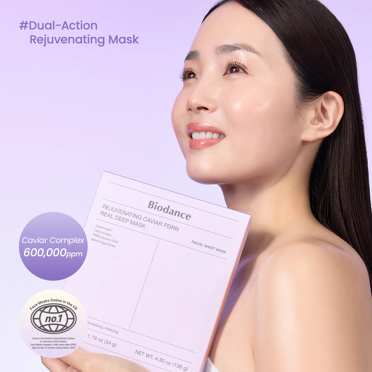 A woman holds a sheet mask labeled Rejuvenating Caviar PDRN Real Deep Mask with a glowing complexion against a pastel backgro