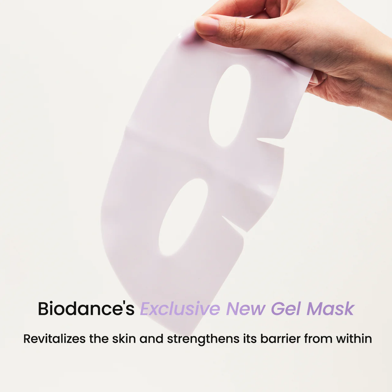 A hand holding a light purple gel mask with eye and mouth cutouts, promoting skin revitalization and barrier strength.