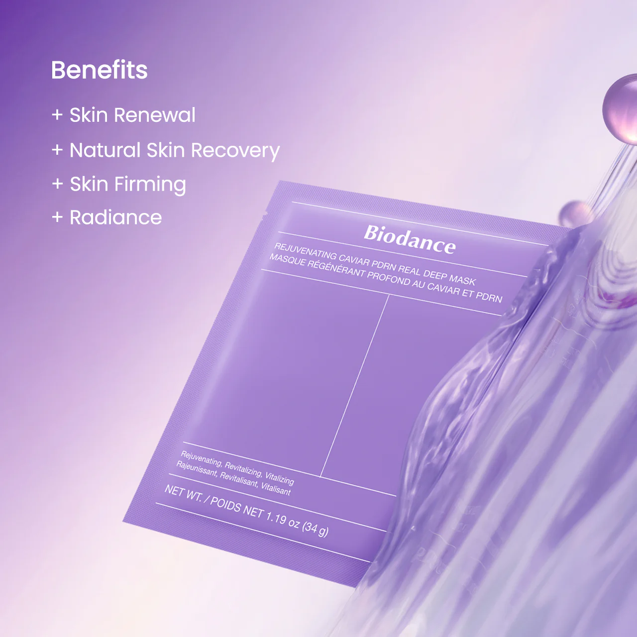 Biodance Rejuvenating Caviar PDRN Real Deep Mask packaging with benefits listed: skin renewal, recovery, firming, radiance.