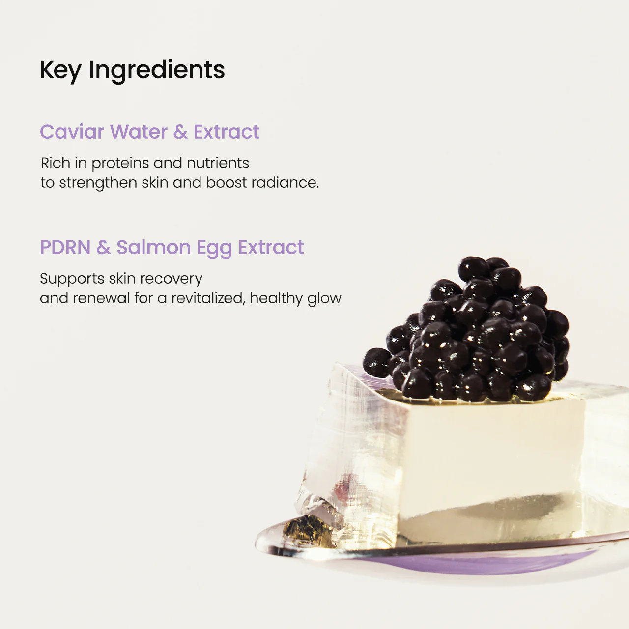 Close-up of caviar and gel-like ingredients highlighting benefits for skin rejuvenation and radiance.