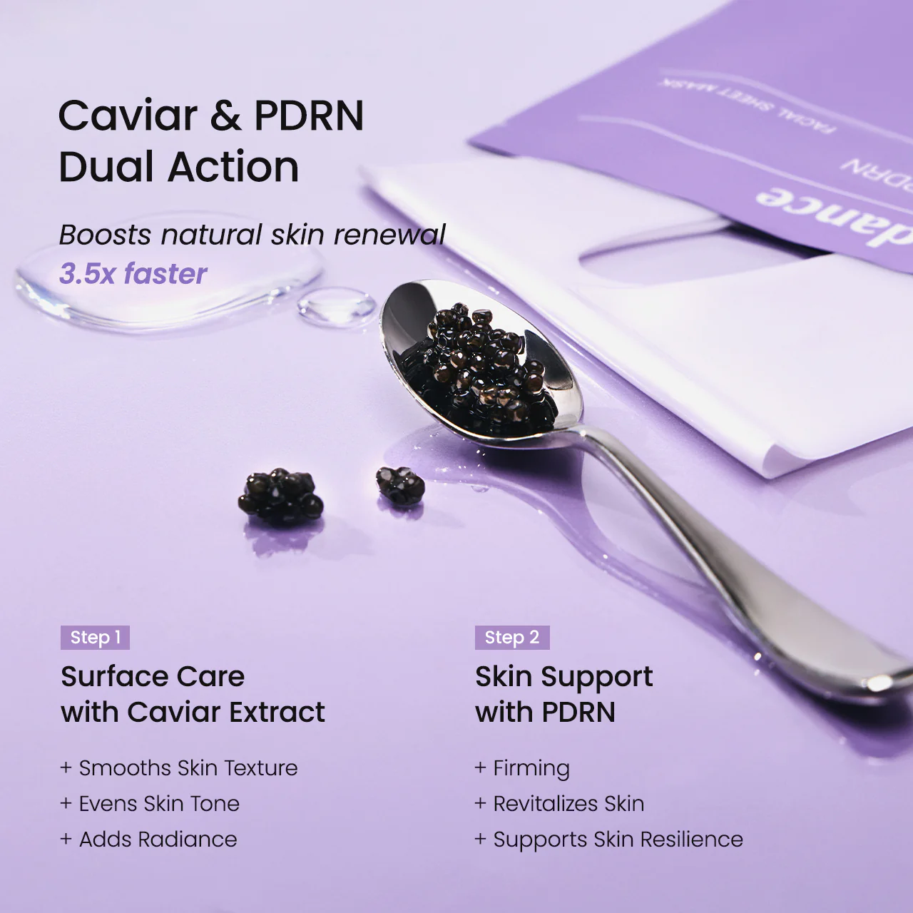 A spoon with caviar sits on a purple surface next to a skincare mask, highlighting dual action benefits for skin renewal.