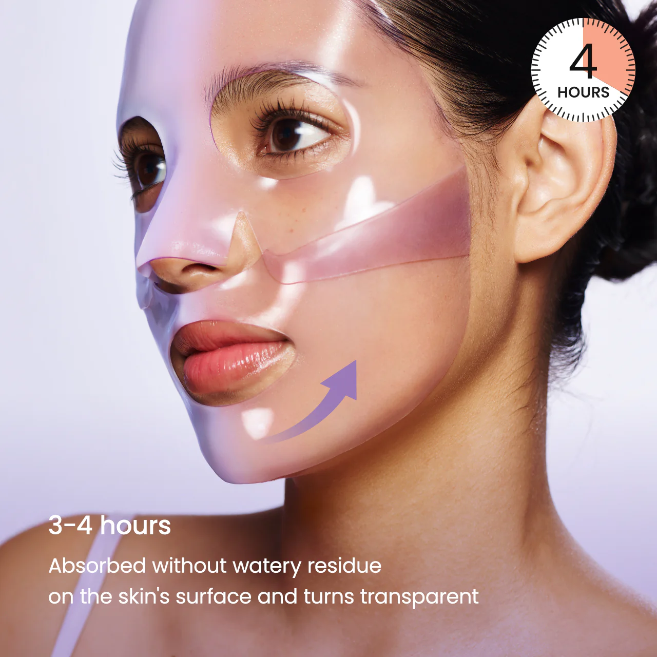 A woman wearing a transparent facial mask, with text indicating absorption time and benefits for the skin.
