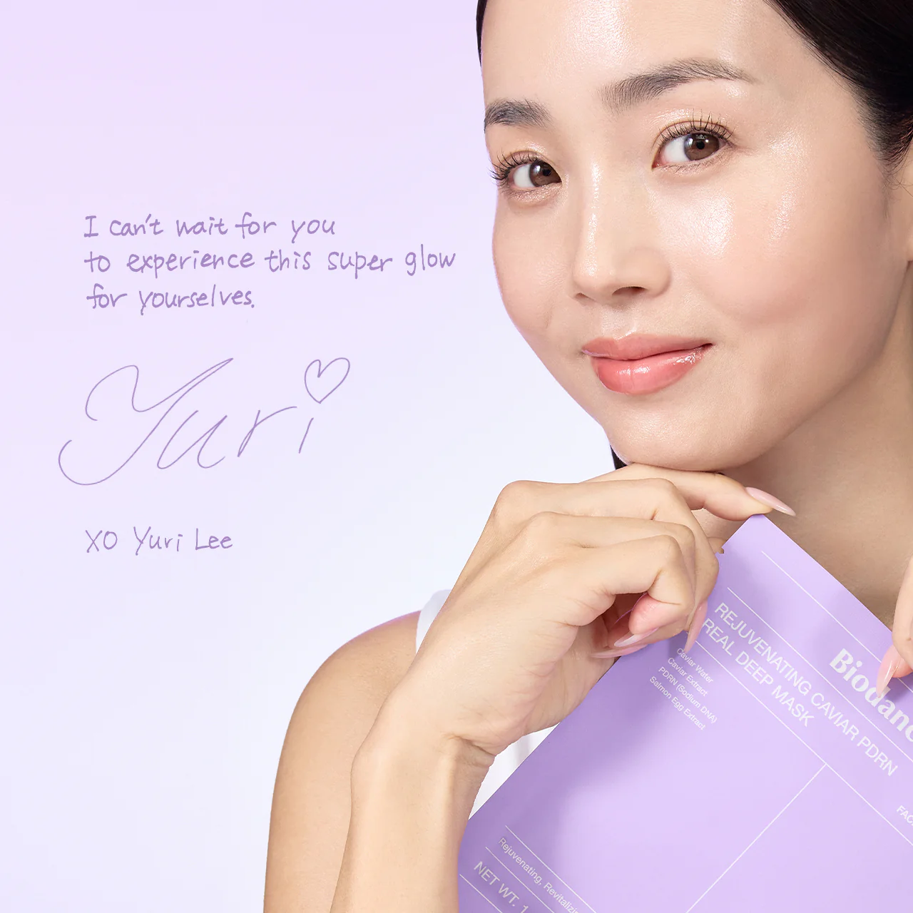 A woman with glowing skin holds a purple skincare mask, smiling against a soft purple background with handwritten text.