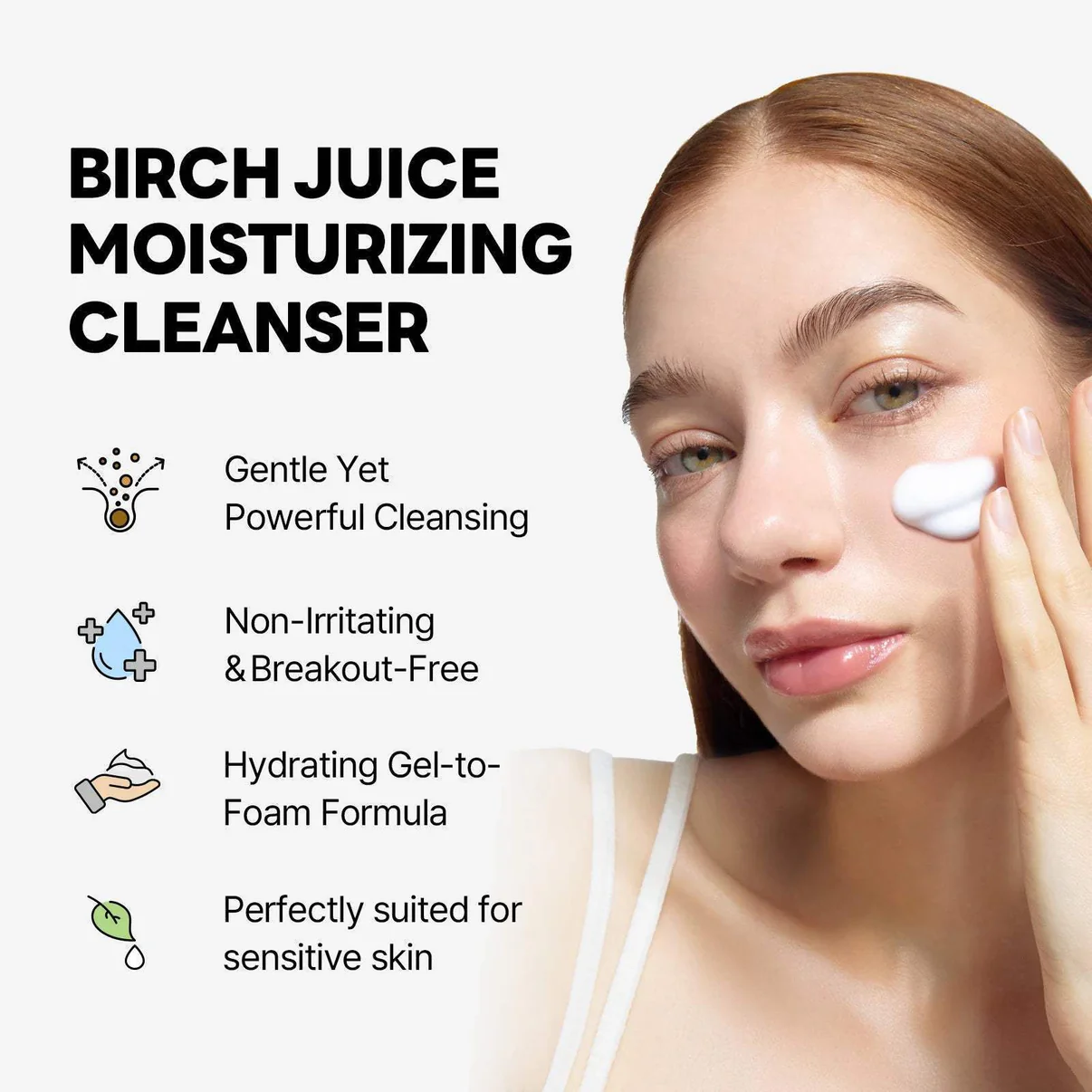 A person applying a white gel cleanser to their face, highlighting its gentle and moisturizing properties for sensitive skin.