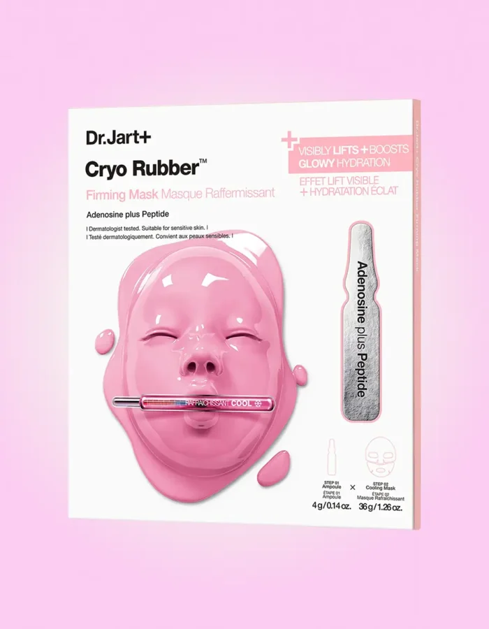 Pink packaging of Dr. Jart Cryo Rubber Firming Mask featuring a face-shaped mask and applicator.
