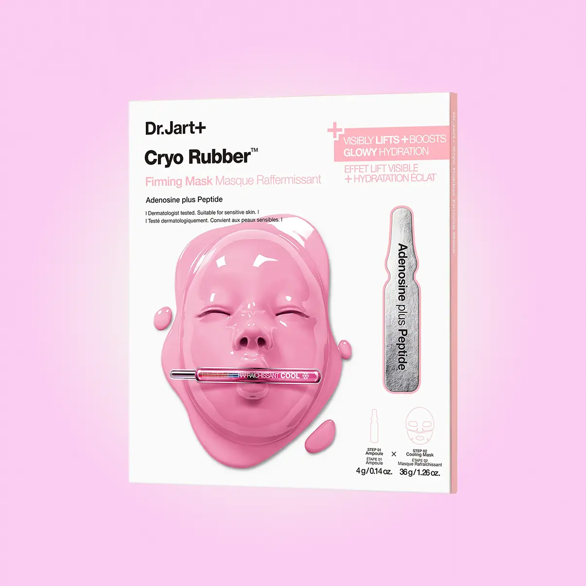 Pink packaging of Dr. Jart Cryo Rubber Firming Mask featuring a face-shaped mask and applicator.
