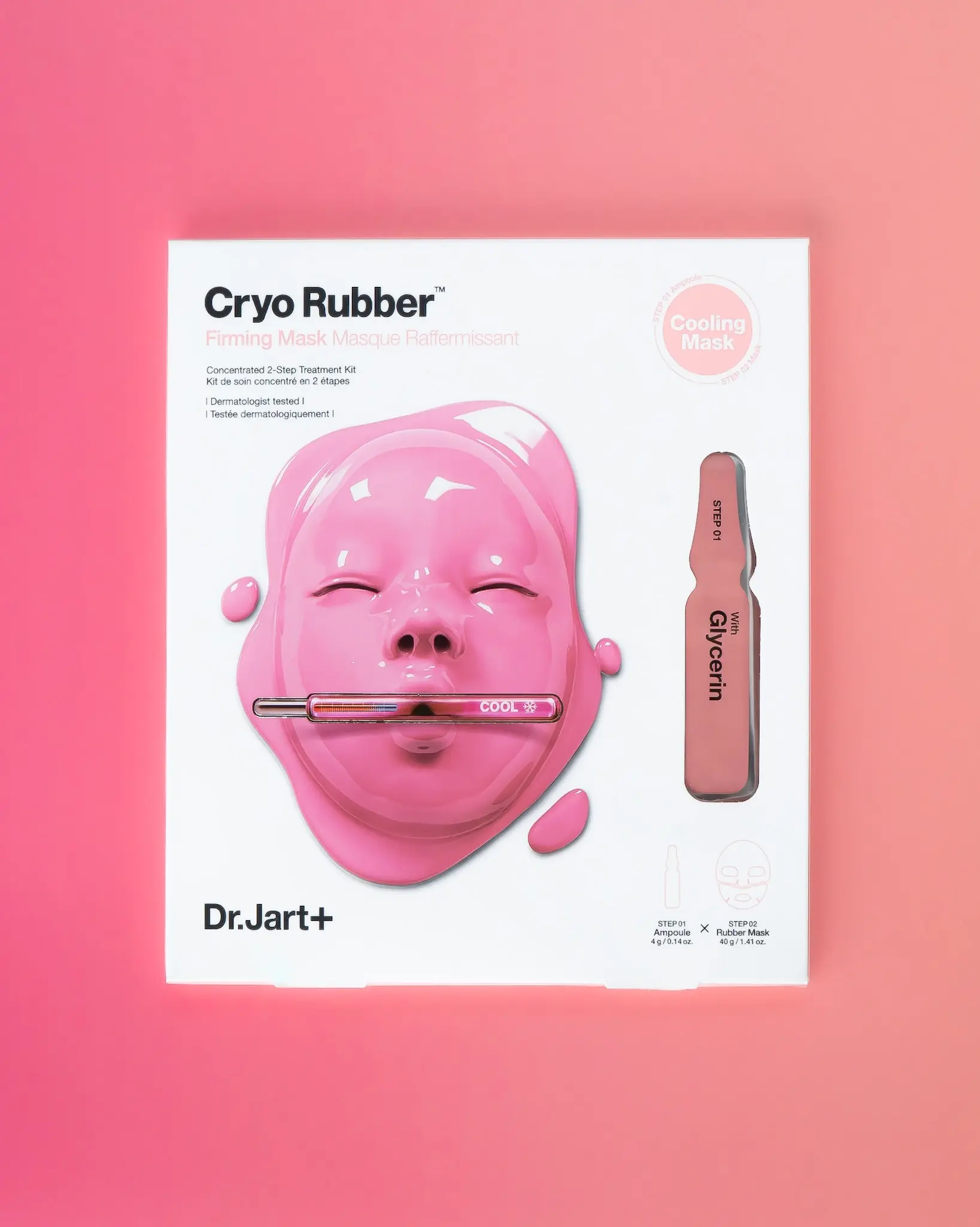 Packaging of Dr. Jart Cryo Rubber Firming Mask featuring a pink mask and ampoule, set against a pink background.