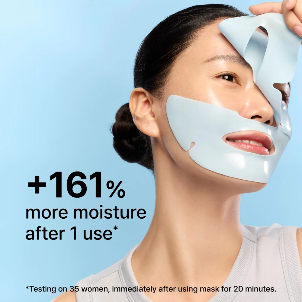 A woman applies a blue rubber face mask, showcasing improved skin moisture after use. Background is light blue.