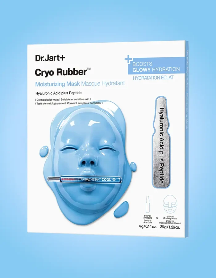 Dr. Jart Cryo Rubber Moisturizing Mask packaging featuring a blue mask and hyaluronic acid applicator.