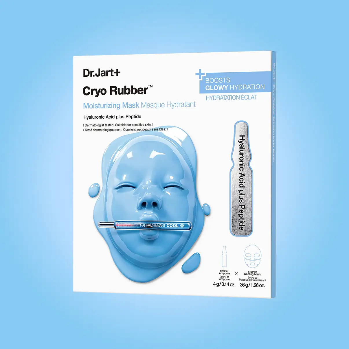 Dr. Jart Cryo Rubber Moisturizing Mask packaging featuring a blue mask and hyaluronic acid applicator.