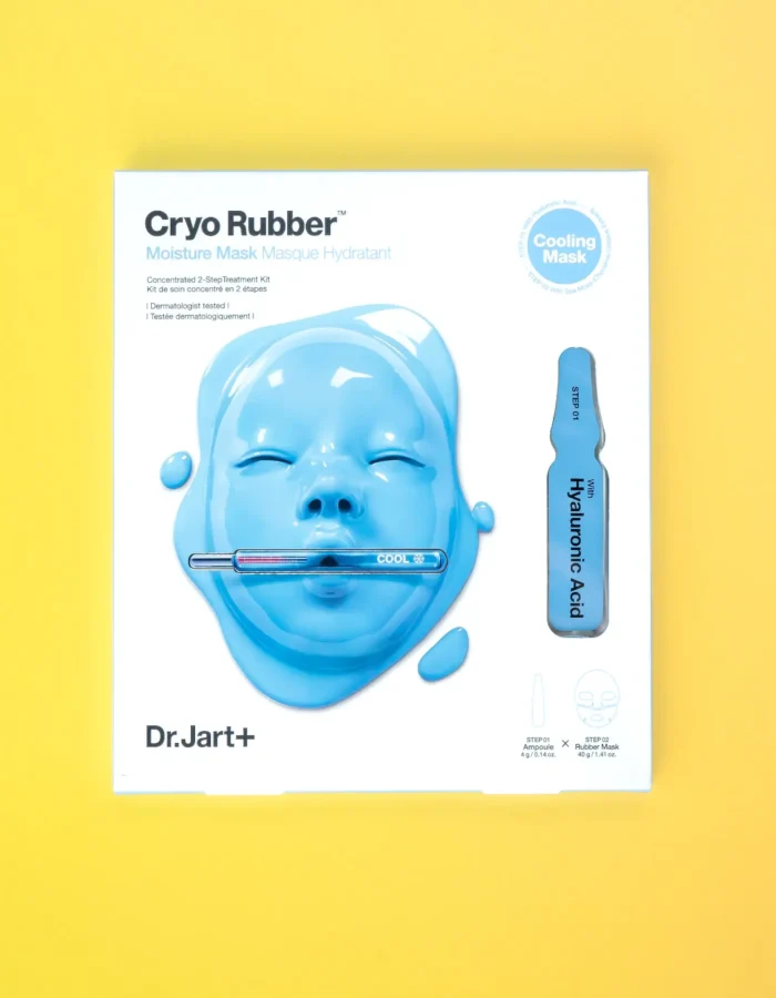 Packaging of Dr. Jart Cryo Rubber Moisturizing Mask featuring a blue rubber mask and hyaluronic acid ampoule on a yellow back