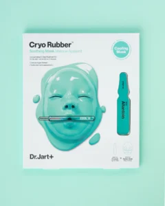 Packaging of Dr. Jart Cryo Rubber Soothing Mask featuring a teal mask design and an ampoule labeled with allantoin.