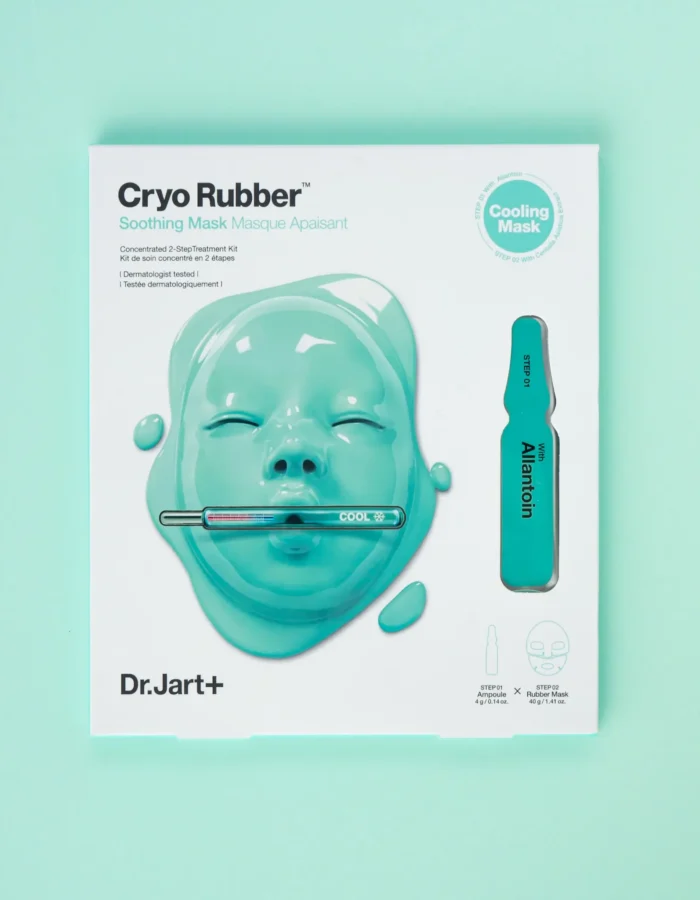 Packaging of Dr. Jart Cryo Rubber Soothing Mask featuring a teal mask design and an ampoule labeled with allantoin.