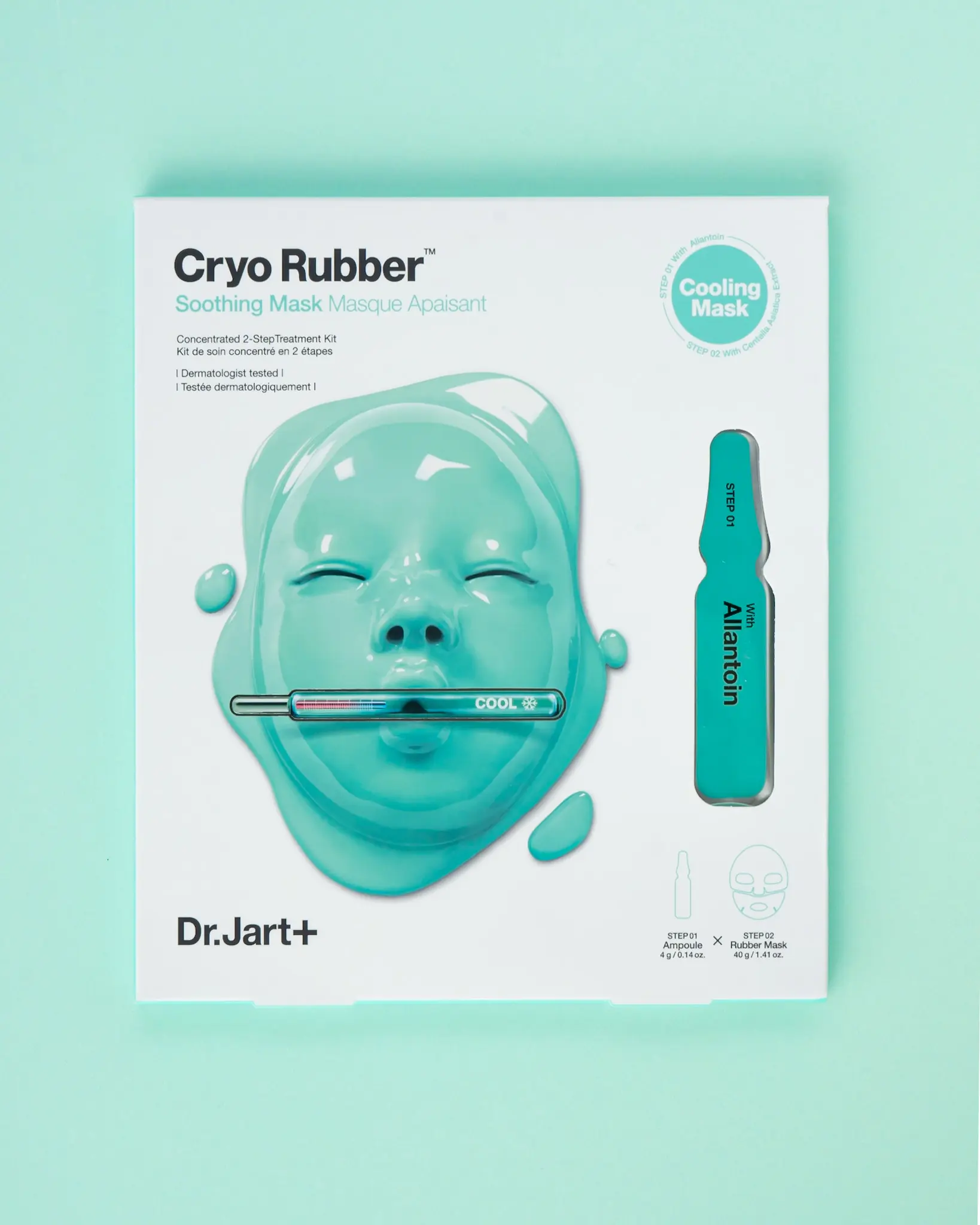 Packaging of Dr. Jart Cryo Rubber Soothing Mask featuring a teal mask design and an ampoule labeled with allantoin.
