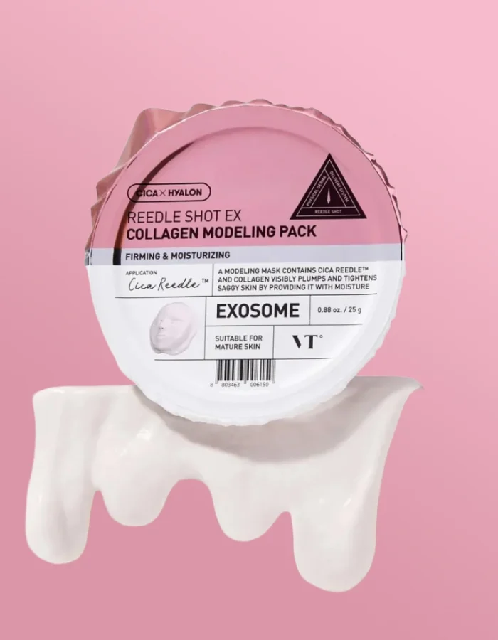 Collagen modeling mask packaging on a pink background, featuring product details and a creamy texture dripping from the conta