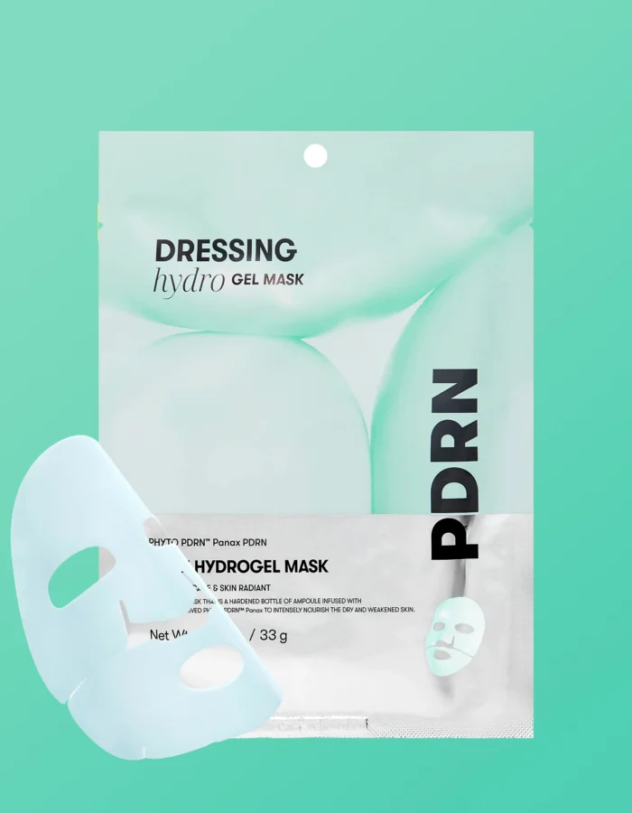 Hydrogel mask packaging with a light blue mask in front, set against a mint green background.