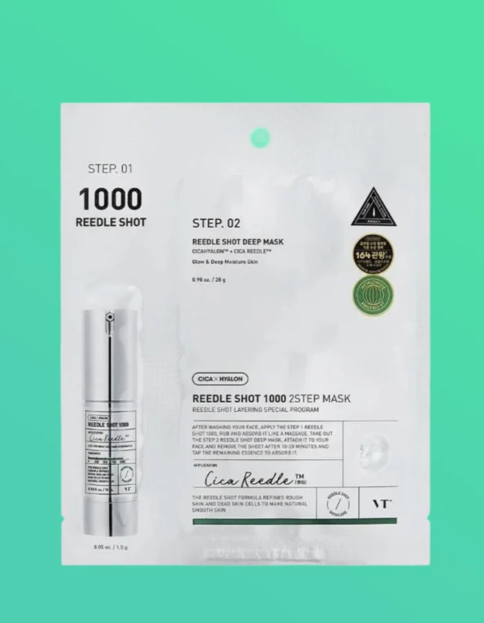 Packaging for a two-step skincare treatment featuring a serum and a deep mask, labeled Reedle Shot 1000.