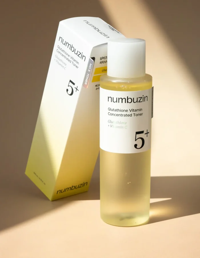 Numbuzin No.3 Super Glowing Essence Toner in a clear bottle beside its yellow and white packaging on a neutral background.