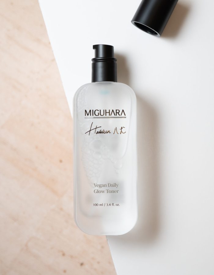 Miguhara Vegan Daily Glow Toner 100ml in a glass bottle layer flat with open black cap